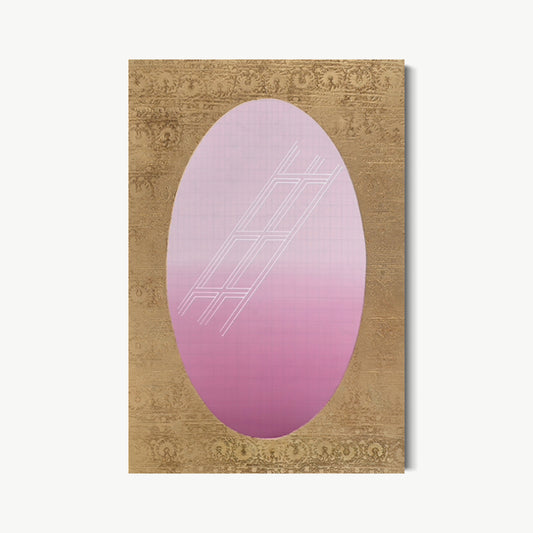 Tapestry of the Grid – painting by Koury with large oval of soft rose deepening to mauve floating on antique-gold ground dense with carpet-like textile pattern and spare white geometric grid overlay