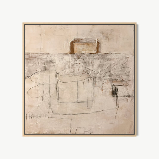 Suspendu dans le monochrome – mixed media painting by Corcelle in warm beige and off-white with subtle pencil lines and faint traces of colour on a restrained pale ground