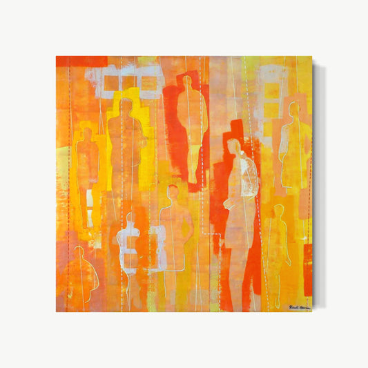 All In This Together II – encaustic painting by Goren with multiple figures emerging and dissolving back into warm amber and orange ground, some solid some barely suggested, individual and collective in beautiful tension