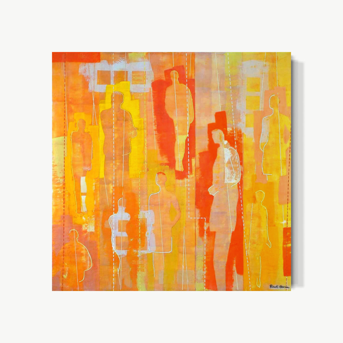 All In This Together II – encaustic painting by Goren with multiple figures emerging and dissolving back into warm amber and orange ground, some solid some barely suggested, individual and collective in beautiful tension