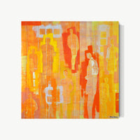 All In This Together II – encaustic painting by Goren with multiple figures emerging and dissolving back into warm amber and orange ground, some solid some barely suggested, individual and collective in beautiful tension