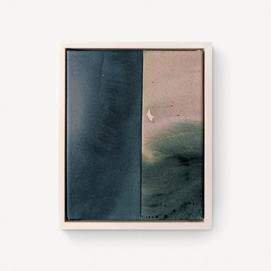 Petals in the Breeze – color field painting by Rita with two adjacent fields of deep teal and warm sand separated by a thin thread of light, nature-inspired and quietly affecting