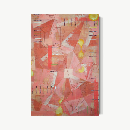 Where I Am Now II – encaustic painting by Goren with fragmented crystalline composition in warm rose and dusty pink, angular forms and fine black lines cutting across surface like a diagram of a moment in transition