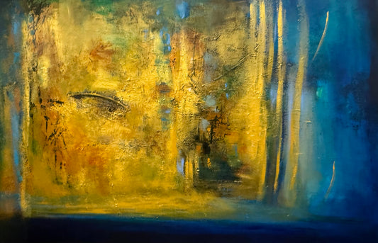 Ocean View – mixed media painting by Mary with deep teal and cobalt flooded canvas broken open by vertical gold and yellow strokes of trees, light, and reflection, textured paste layers giving physical scale of California coast