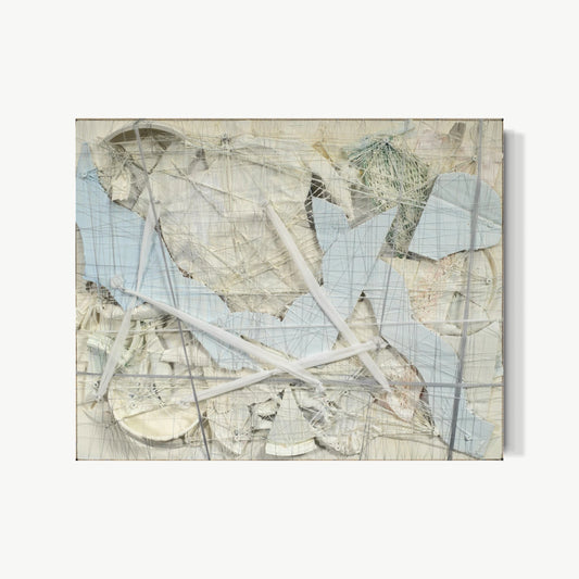 Whirl in Four – dense accumulation work by Terese Garcia with torn paper, netting, and drawn grid lines with white diagonal strips cutting at sharp angles across cream, ivory, and grey layered square surface
