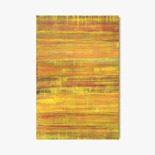 Silk Road – large vertical painting by Koury in warm yellow-gold to orange-red amber with dense horizontal striations evoking the warmth and material richness of ancient trade routes