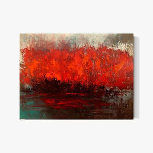 Heat – visceral mixed media painting by Mary with deep burning reds flooding upper canvas and pressing down on turbulent green-black ground below, temperature shift between zones almost physically felt
