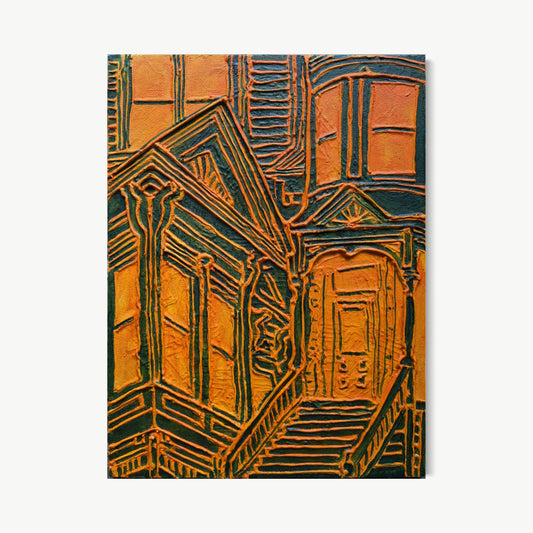 Night Bright – mixed media painting by Jacomet of a San Francisco Victorian facade in warm copper and burnt orange with deeply incised dark teal-black architectural lines suggesting a relief carving of a building lit from within at night