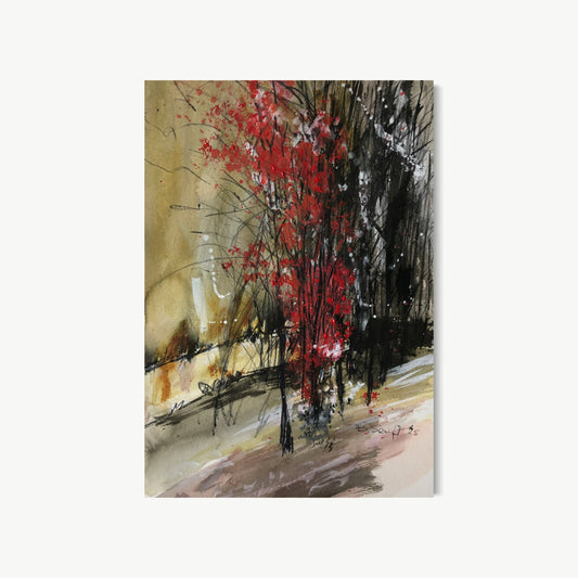 Fall to Winter Flow – watercolor painting by Batia with vivid crimson-leaved tree beside bare black tree against pale ground, catching the exact moment of seasonal transition between autumn brilliance and winter bareness