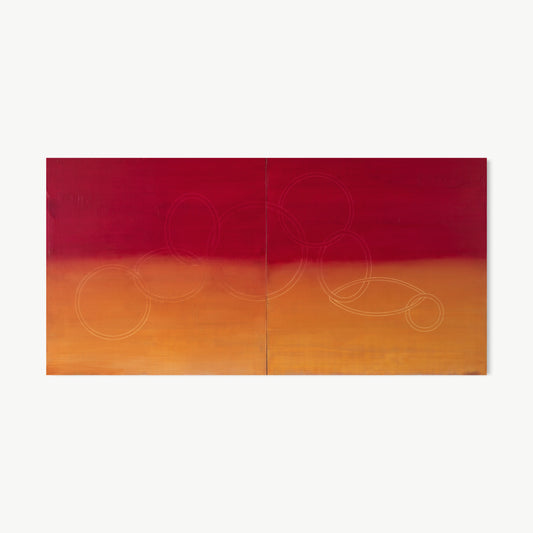 Atmospheric Landscape Diptych – two-panel painting by Koury with deep crimson above warm amber-orange horizon, evoking earth and sky at a specific time of day with faint circle forms
