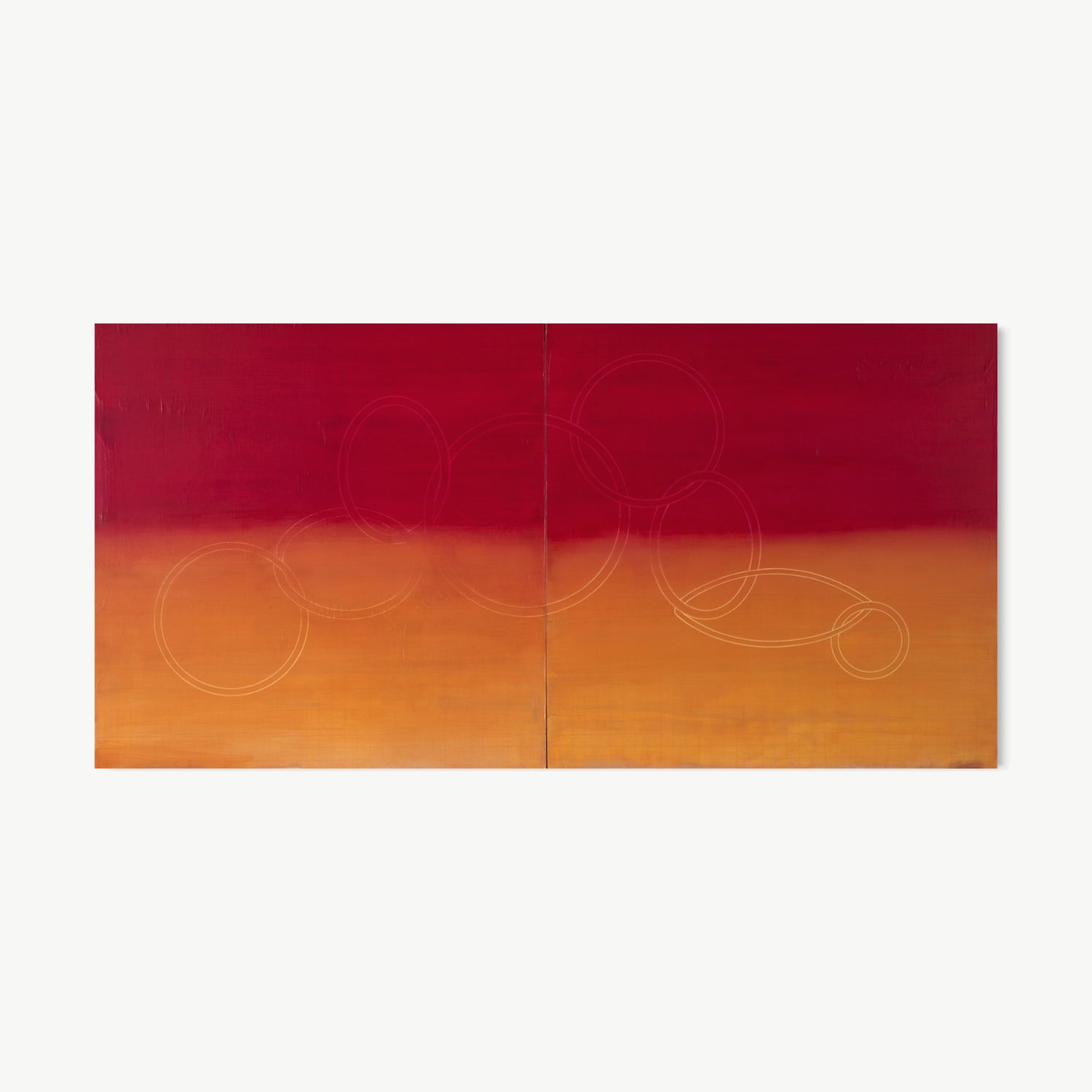 Atmospheric Landscape Diptych – two-panel painting by Koury with deep crimson above warm amber-orange horizon, evoking earth and sky at a specific time of day with faint circle forms