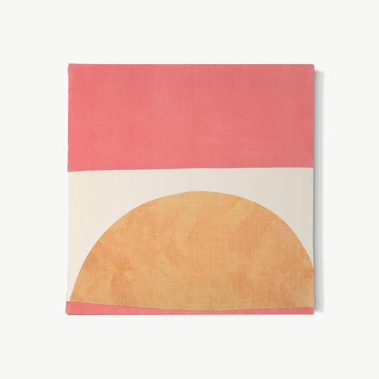 PORTAL IX – hand-dyed textile artwork by Panda Landa with gentle bands of coral, cream, and sun-warmed ochre suggesting threshold or horizon, contemporary and deeply considered with subtle tonal shifts rewarding close looking