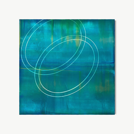 Evolution of a Circle #5 – painting by Koury with three concentric organic white ovals on richly layered deep teal and blue-green surface suggesting water and shadow