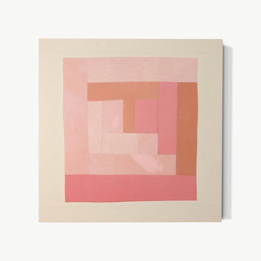 ALTAR II – hand-dyed textile artwork by Panda Landa with quiet shifts of blush, rose, and warm neutral tones moving inward in slow contemplative rhythm, visible stitching grounding the piece in the artist’s hand