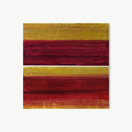 Soul Talk Diptych – two square panels by Koury stacked vertically, each with warm antique gold above deep burgundy-red, built from hand-stained papers, metal leaf, and multiple glazing layers