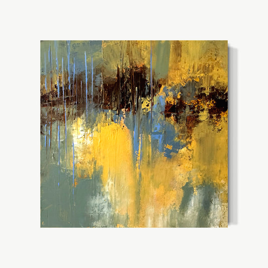 Beach Day – mixed media painting by Mary in loose joyful yellows and blacks moving with warm afternoon energy over layers of texture and collage, spontaneous and sun-drenched mood over moment