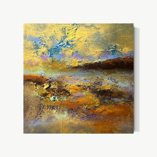 Big Sur California – small mixed media painting by Mary in gold, brown, and muted blue with thick paste and layered paint building California terrain rather than depicting it, tactile and earthy