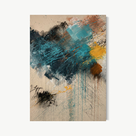 I Rise – large abstract painting by Shields on warm sandy ground with deep navy and black sweeping upper left, vivid teal streaks cutting through with long vertical drips, amber and burnt orange burst upper right