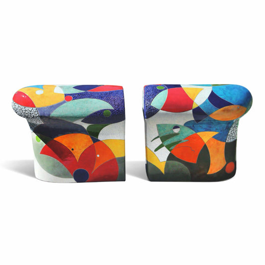 FanTail – two-piece studio raku ceramic bench by Gustavson with bold sections of red, orange, teal, and green deepened by reduction firing