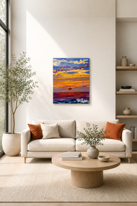 Apókalypsis by Javiera da Fonseca Ilić, abstract seascape painting with a vibrant sunset over the ocean