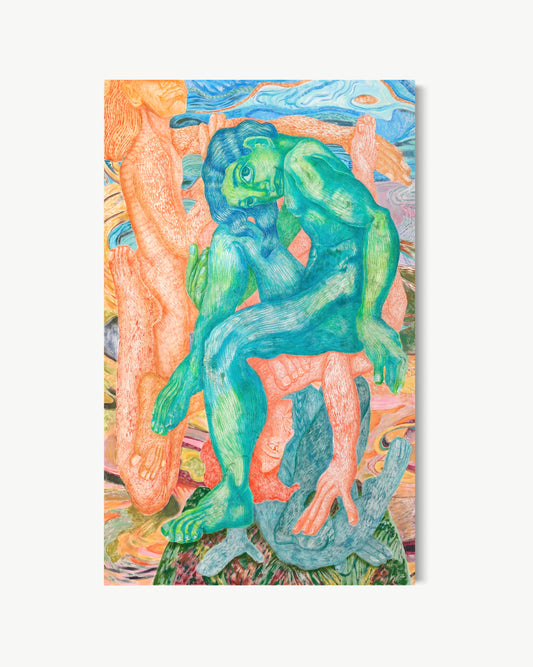 Cyclone – figurative painting by Vorona with two figures in deep teal and green inseparably twisted together against a warm peach-toned ground, exploring human entanglement