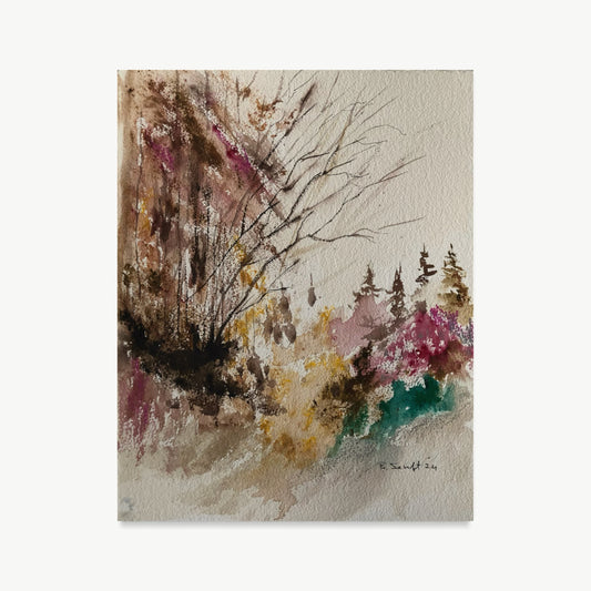 Autumn Up the Mountain – watercolor painting by Batia of mountain slope in full autumn color with bare dark branches above and ochre, pink, deep red, and forest green undergrowth below, fresh and immediate with white paper as light