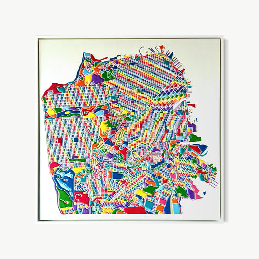 Painted Ladies – topographic map artwork by Miriam with city streets in thick raised acrylic relief based on real Google Maps data, named for San Francisco’s iconic Victorian houses
