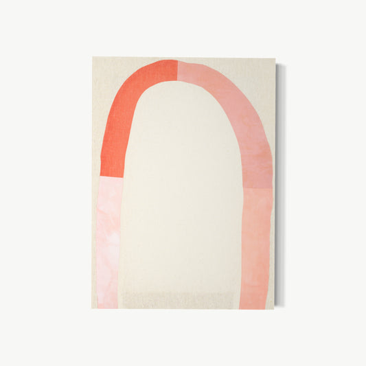 PORTAL V – hand-dyed textile artwork by Panda Landa with softly arched portal form suggesting threshold and passage, warm coral and blush tones shifting subtly with happy accident dye variations and open central field providing visual rest