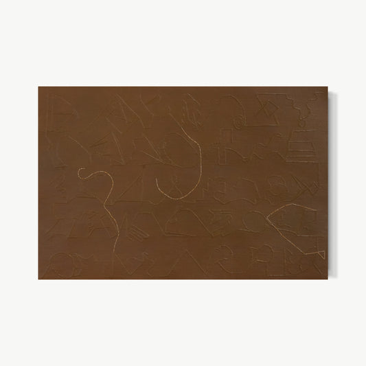 Apparently II – work by Terese Garcia on deep warm brown ground with two loosely drawn lines in lighter tone tracing forms that almost resolve before pulling back, open and spare companion to Apparently I
