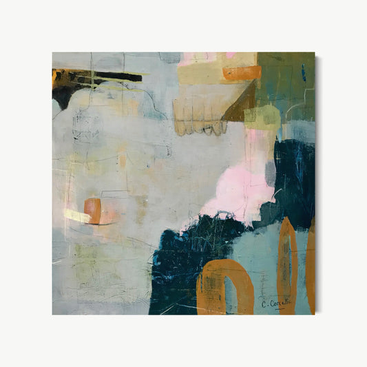 Shades of Blue in Chefchaouen – small mixed media painting by Corcelle in cool blues, grey-greens, and sandy tones inspired by the Moroccan blue city