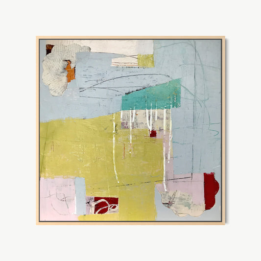 Blond, Blanc, Bleu – mixed media painting by Corcelle in soft chartreuse, pale blue-grey, and cream with teal and red accents in refined overlapping planes