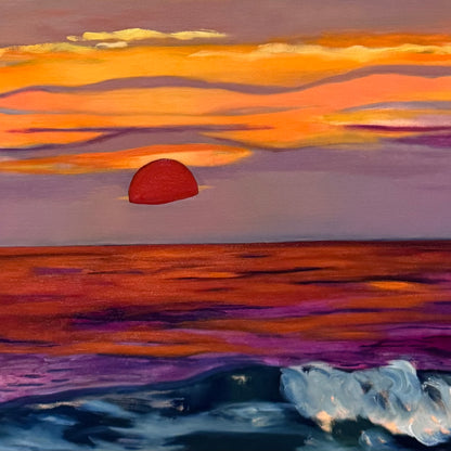 Apókalypsis by Javiera da Fonseca Ilić, abstract seascape painting with a vibrant sunset over the ocean