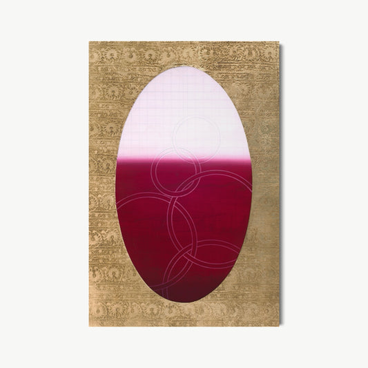 Tapestry of Soul – painting by Koury with large vertical oval in soft white through rose to deep burgundy-crimson gradient evoking the soul as color, framed by antique-gold textile-patterned ground