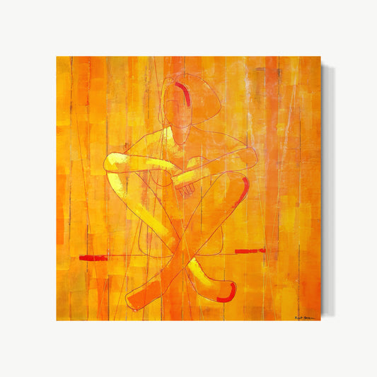 Looking Forward – encaustic painting by Goren with seated figure in warm amber and gold leaning forward with intention in flowing line against vertical wax-layered striations, clarity of direction and purpose caught mid-thought