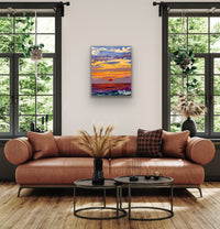 Apókalypsis by Javiera da Fonseca Ilić, abstract seascape painting with a vibrant sunset over the ocean