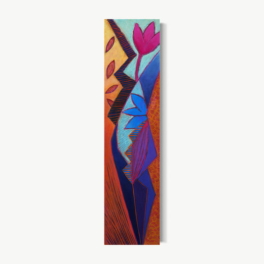 Reflexionar – tall narrow painting by Ruiz in deep blue and violet with botanical forms reaching upward from linocut and collagraph printmade ground with magenta flower at top, about moving slowly from earth to sky