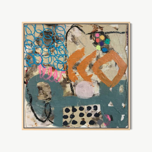Pique-nique au bord du lac – mixed media painting by Corcelle in teal, copper, and sandy beige with playful marks including blue circles, pink diamond, and scattered dots