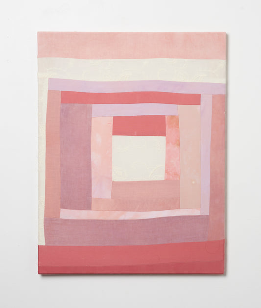 ALTAR II – second version hand-dyed textile artwork by Panda Landa with layered architecture of soft pinks, blush, and warm neutrals building intimate composition with inward movement toward pale center