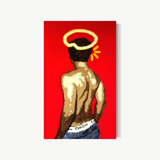Too Noble to Curb and Too Lofty to Bend – tufted acrylic yarn artwork by Cedric Vu with figure’s back facing viewer, bare shoulders, golden halo above, and deep red ground, dignity and quiet authority without turning around