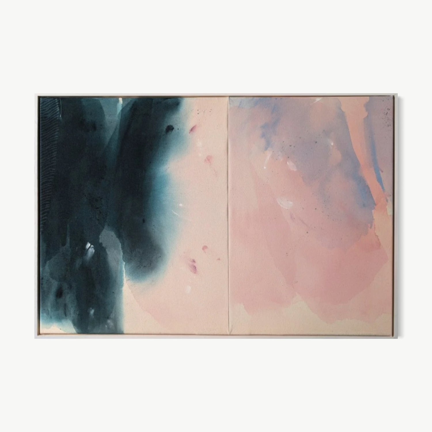 Soft Light Quiet Shadows – color field painting by Rita in blush pink and deep teal meeting at an unnamed place, warm and cool at once, tender and melancholy through layered washes of color