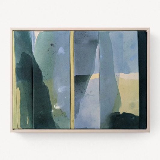 Between Here and There – color field painting by Rita in sage, slate, and faint gold thread, canvas suspended between two states, resting honestly in the in-between through slow layered building and softening