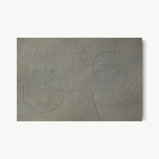 Apparently I – small work by Terese Garcia on horizontal grey-green ground with dense web of incised lines, circles, and marks just below legibility, mark-making as a form of writing that refuses to be read