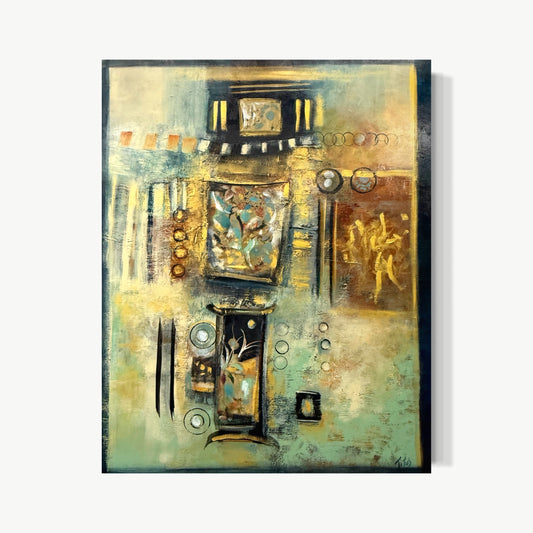 Guest of Honor – complex mixed media painting by Mary built through collage, paint, and textured paste with gold and teal moving through circles, doors, and embedded forms, almost archaeological with ceremony and mystery