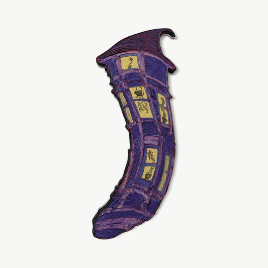 Wavy Victorian #10 – shaped mixed media painting by Jacomet with San Francisco Victorian facade bent into curved crescent shape floating on white ground in deep purple with pale gold window panels