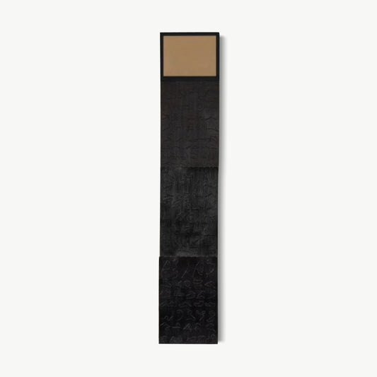 Waiting There Are – textile work by Terese Garcia with single warm tan square at top of long narrow vertical panel descending into deep velvety black, two tones on one axis, a long deliberate wait