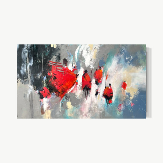 Brothers – mixed media painting by Mary with vivid red figures moving through gray and white landscape in bold loose gestural marks, relationship felt through proximity and shared energy rather than defined
