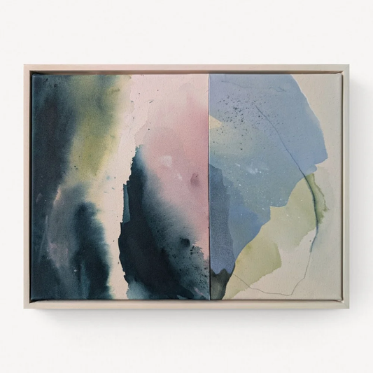 Moving Without Sound – color field painting by Rita with dark forms drifting across muted pink and green, weightless and silent, built through layering, washing back, and revisiting until balance is found