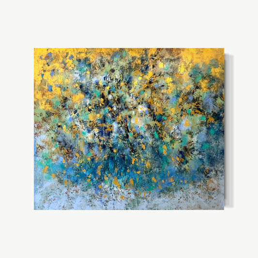 Golden Threads – mixed media painting by Mary with gold and teal scattered across canvas dancing between control and abandon, aerial quality with collage and texture layers giving depth and joyful intricacy