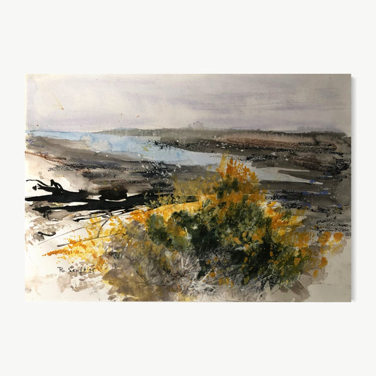 From the Hill to the Lake – watercolor painting by Batia with wide panoramic wetland or estuary seen from slight elevation, warm ochre-green shrub foreground, dark gestural driftwood marks, pale vast sky above