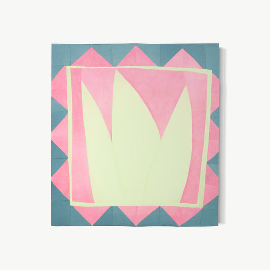 RITUAL I – hand-dyed textile artwork by Panda Landa with cool blue framing, luminous pink field, pale leaf-like forms, gentle ceremonial structure that remains warm and approachable with visible stitching mapping intuitive process
